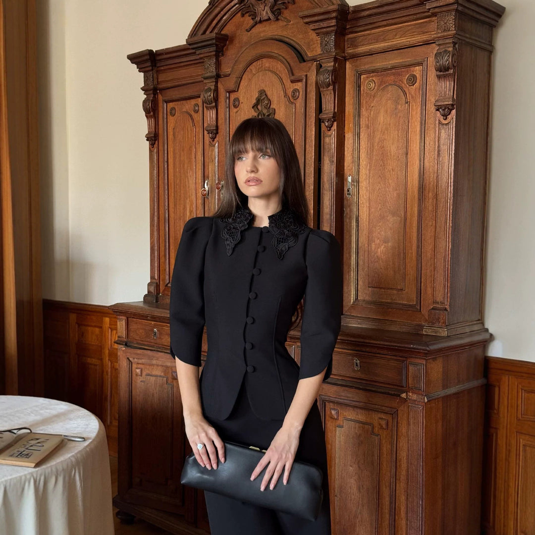 Women Tailored Blazer with Embroidered Shawl Collar and Puff Sleeves Mune Fashion