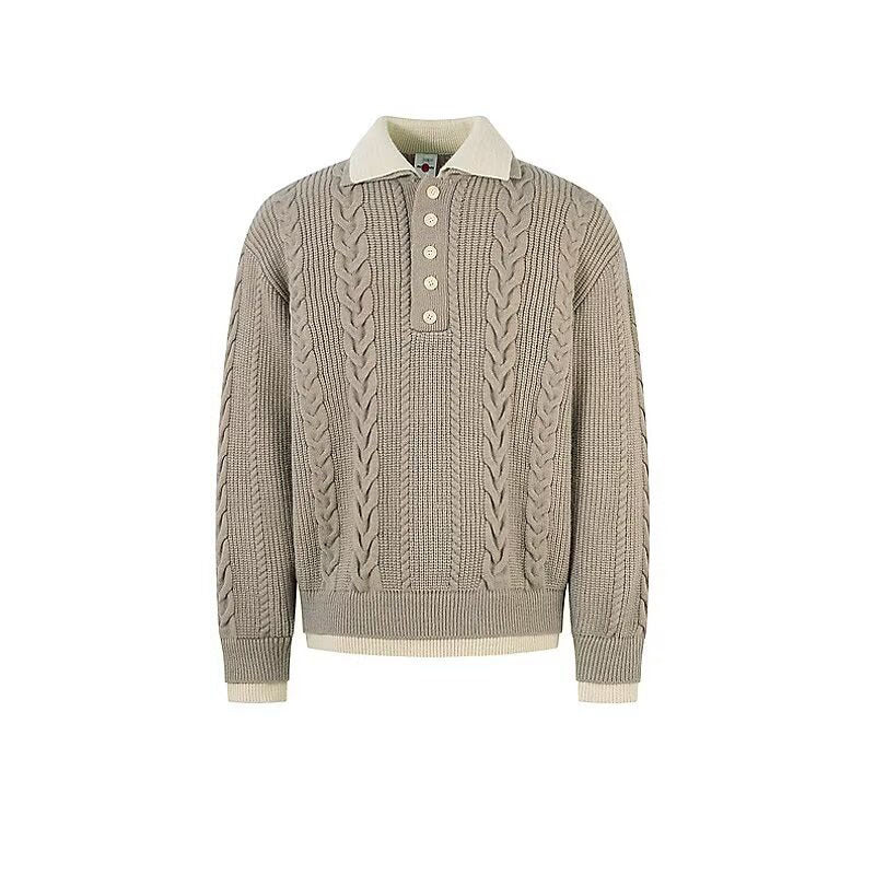 Men's chunky knit pullover with stand-up collar and button placket Mune Fashion