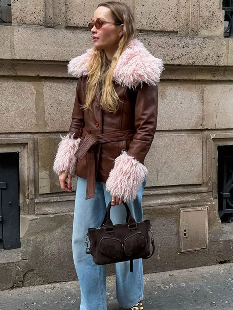 Women tailored leather imitation jacket with tie belt, opulent removable faux fur shawl collar and fur cuffs Mune Fashion