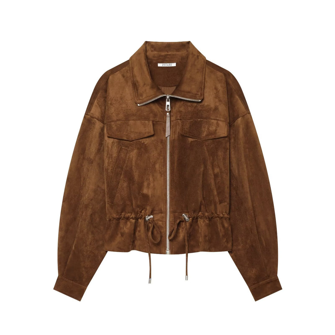 Women's Suede-Look Bomber Jacket with Drawstring and Chest Pockets Mune Fashion
