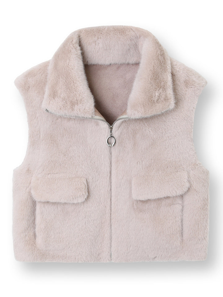 Women's Sleeveless Faux Fur Vest with Stand-up Collar, Zipper and Flap Pockets Mune Fashion