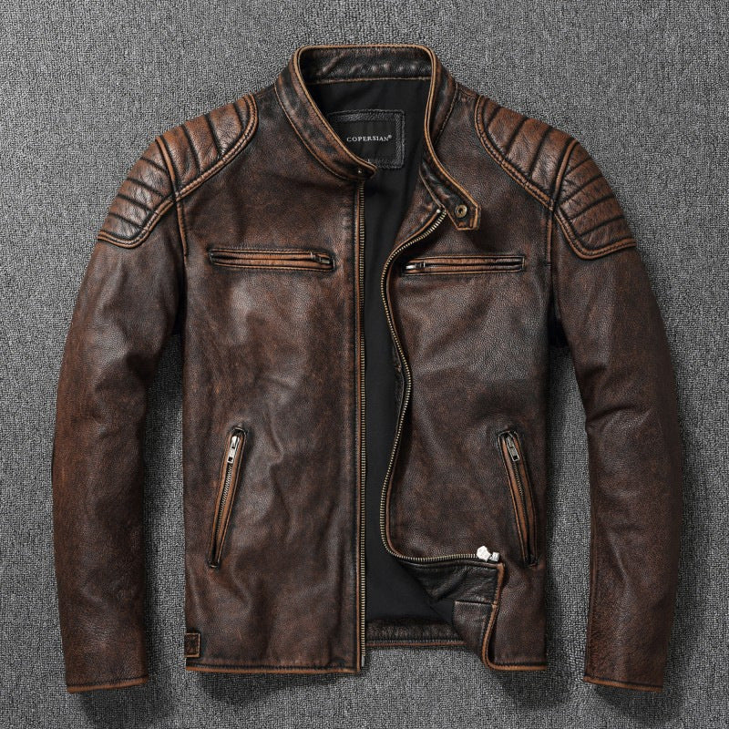 Men's Vintage Biker Leather Jacket with Stand Collar and Quilted Shoulder Padding Mune Fashion