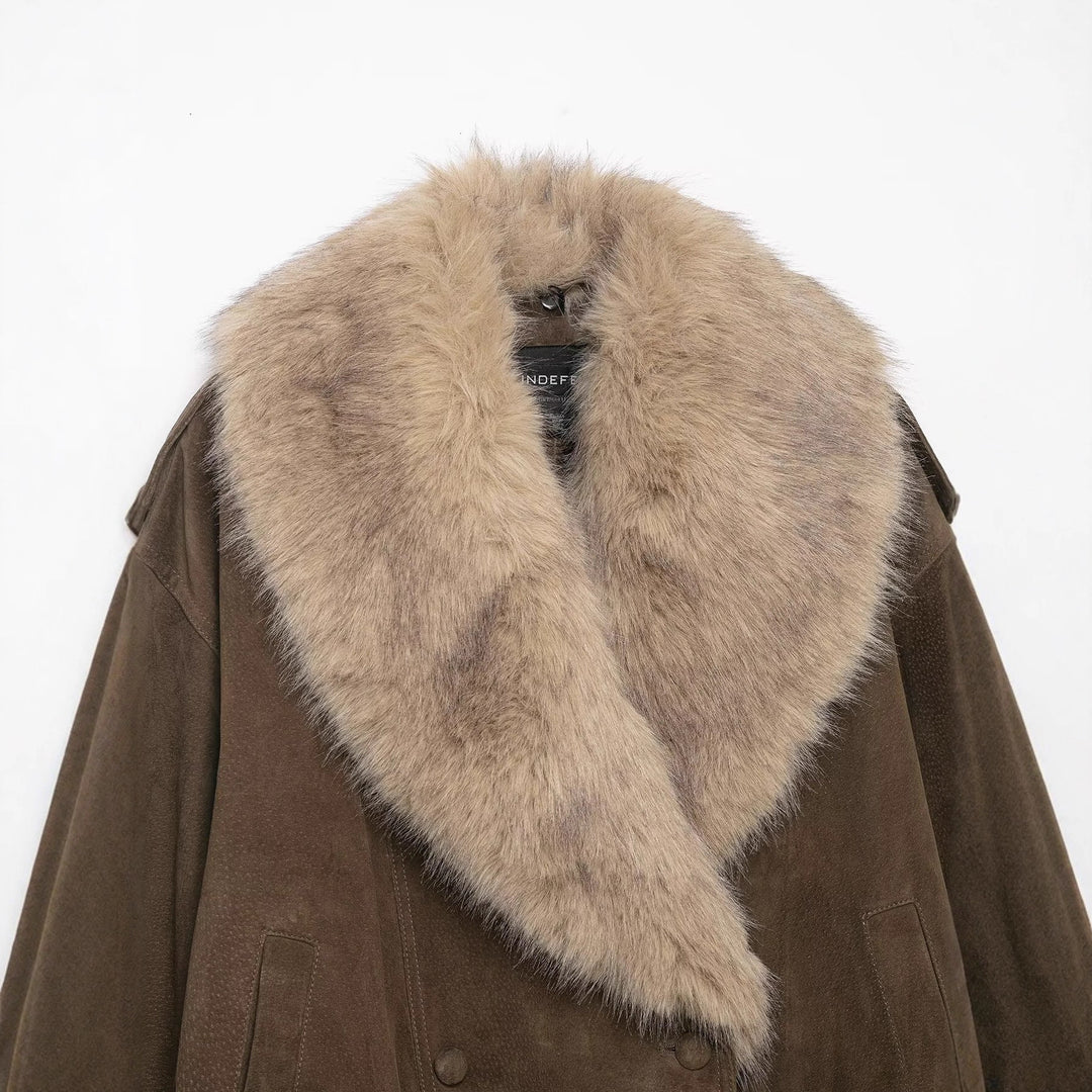 Women 400+ Cropped Suede Bomber Jacket with Large Faux Fur Shawl Collar Mune Fashion
