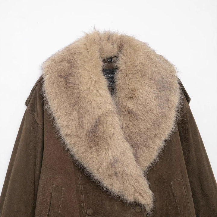 Women 400+ Cropped Suede Bomber Jacket with Large Faux Fur Shawl Collar Mune Fashion