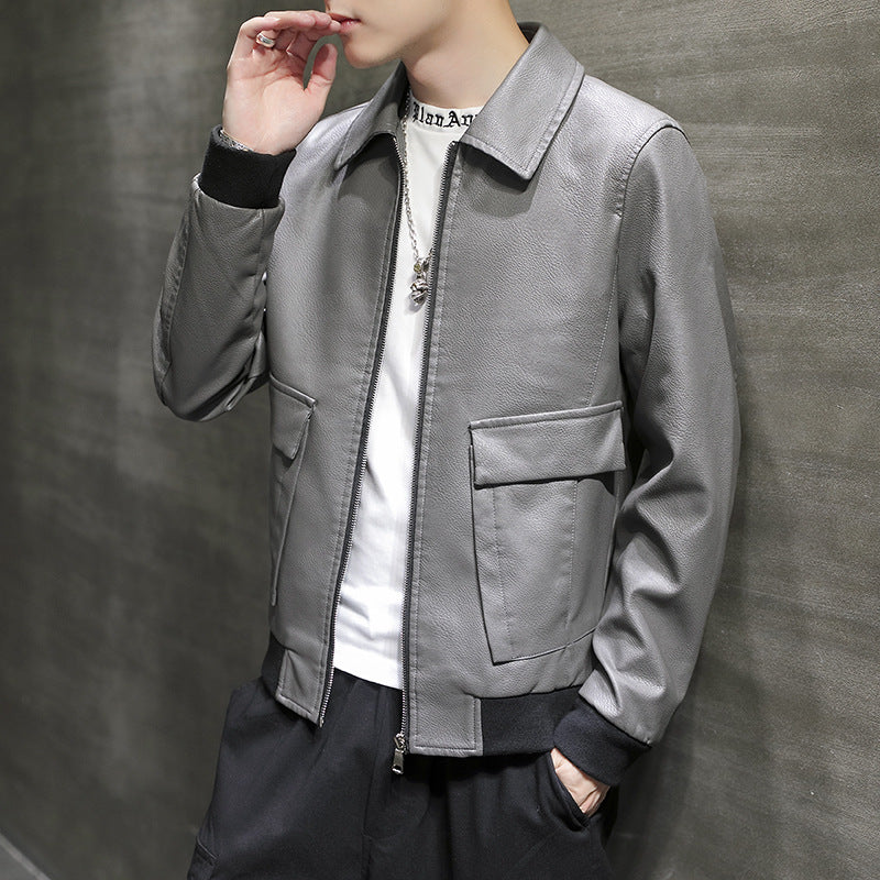 Men's Urban Faux Leather Flight Jacket with Flap Pockets and Ribbed Hem Mune Fashion