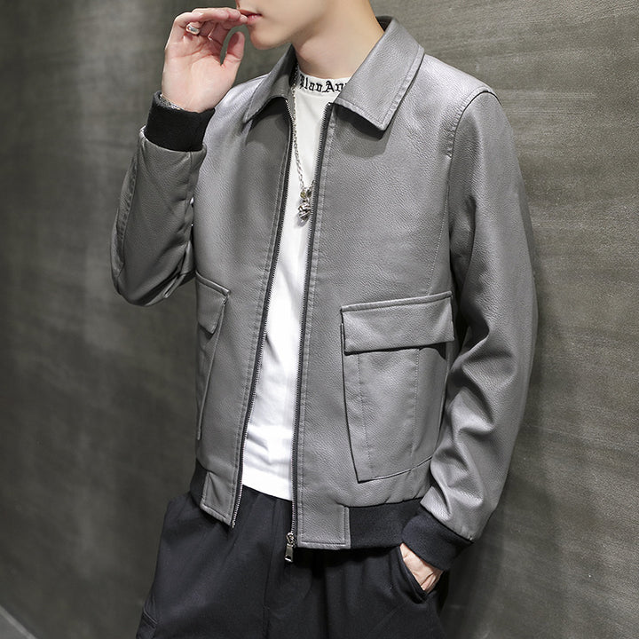 Men's Urban Faux Leather Flight Jacket with Flap Pockets and Ribbed Hem Mune Fashion