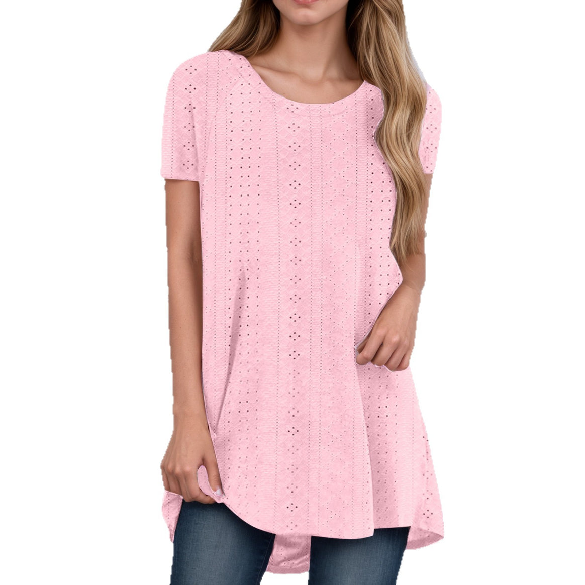 Women's loosely cut broderie anglaise tunic with round neckline, side slits, and rounded hem Mune Fashion