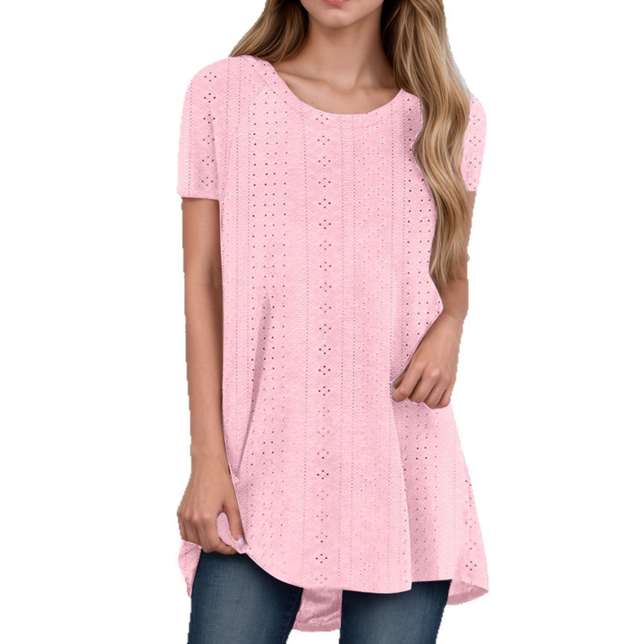 Women's loosely cut broderie anglaise tunic with round neckline, side slits, and rounded hem Mune Fashion