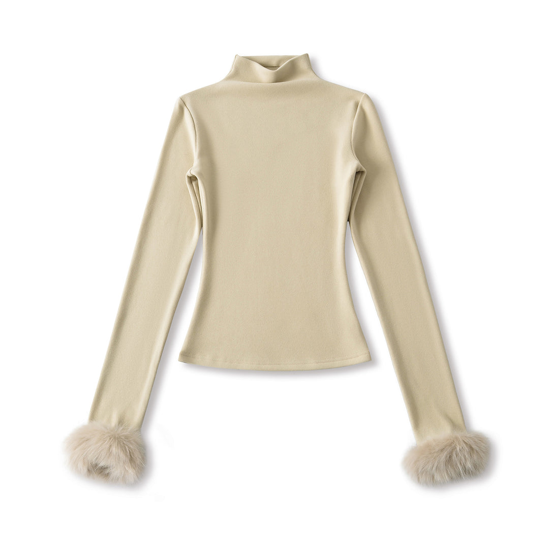 Women's Fitted Turtleneck Top with Faux Fur Cuffs Mune Fashion