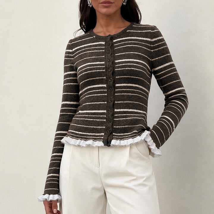 Women's fine knit button cardigan with stripes, ruffle trim & tailored fit Mune Fashion