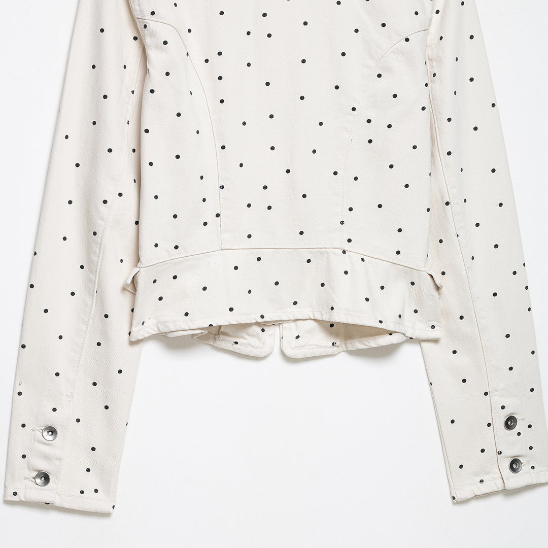 Women's Polka Dot Cropped Denim Jacket with Stand-up Collar, Zipper and Flap Pockets Mune Fashion