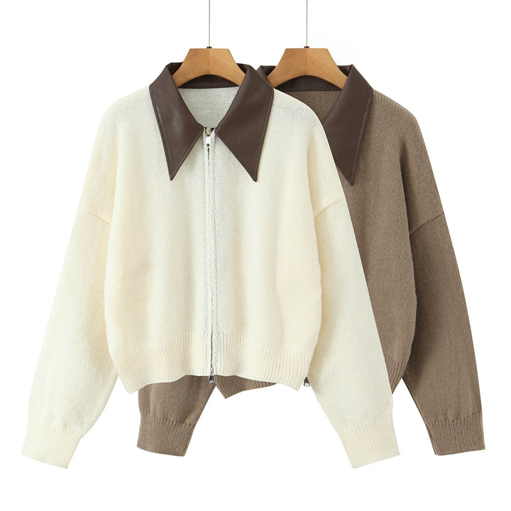Women's 10+ Oversized Cardigan with Two-Way Zipper and Pointed Contrast Collar Mune Fashion