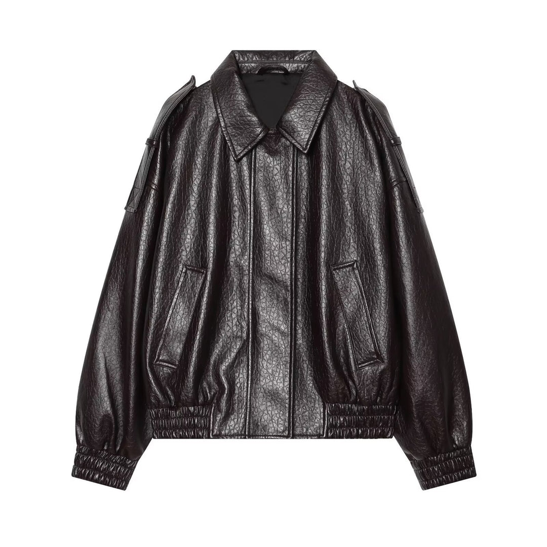 Women Oversized Faux Leather Bomber Jacket with Epaulettes and Gathered Hem Mune Fashion