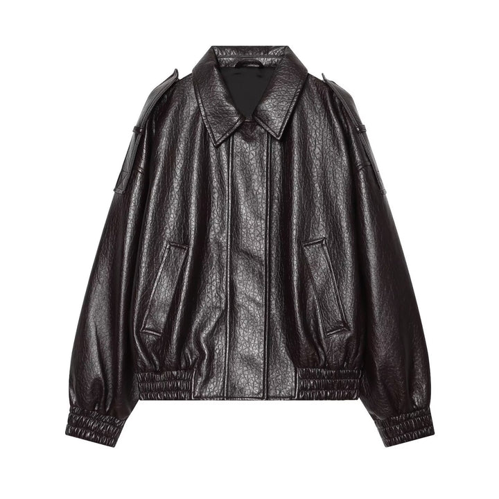 Women Oversized Faux Leather Bomber Jacket with Epaulettes and Gathered Hem Mune Fashion