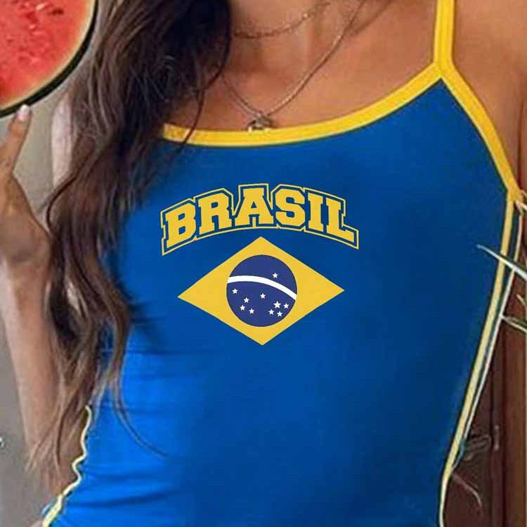 Women's form-fitting spaghetti strap top with Brazil print Mune Fashion
