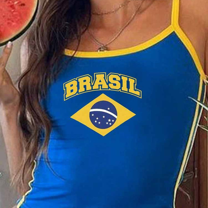 Women's form-fitting spaghetti strap top with Brazil print Mune Fashion