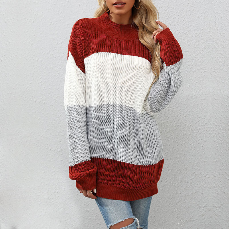 Ladies knit sweater with block stripes and stand-up collar Mune Fashion