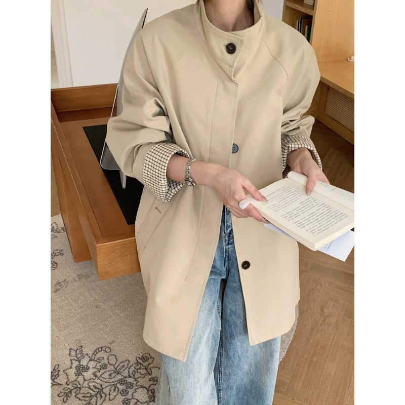 Women Oversized Coat with Stand-Up Collar and Checked Sleeve Hem Mune Fashion