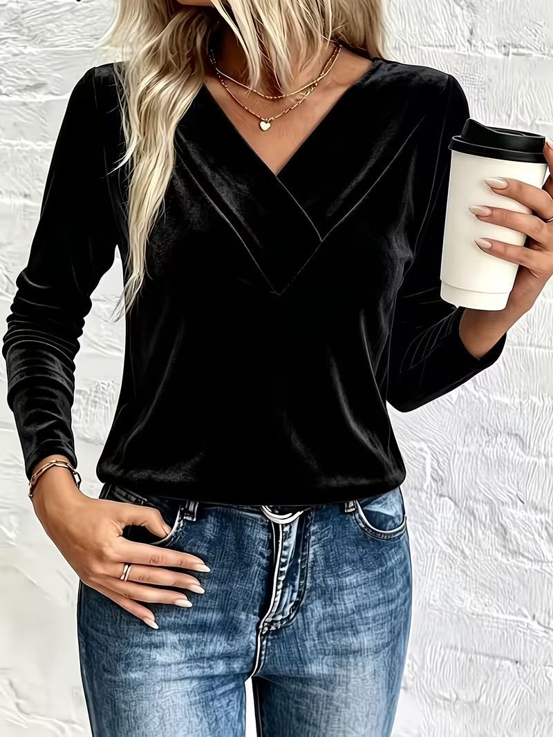 Women's Velvet Long Sleeve with Overlapping V-Neck and Feminine Draping Mune Fashion