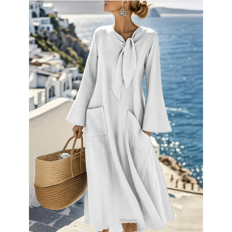 Women's Lightweight Maxi Dress with Bind Bow, Bell Sleeves and Patch Pockets Mune Fashion