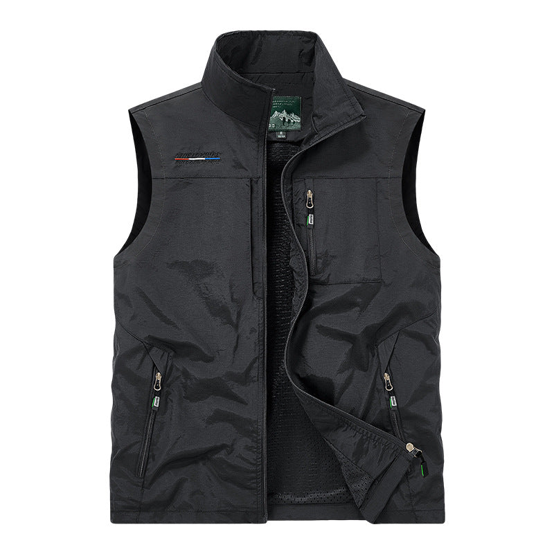 Men's lightweight windproof utility vest with stand-up collar, breathable mesh lining, and multiple zippered pockets Mune Fashion