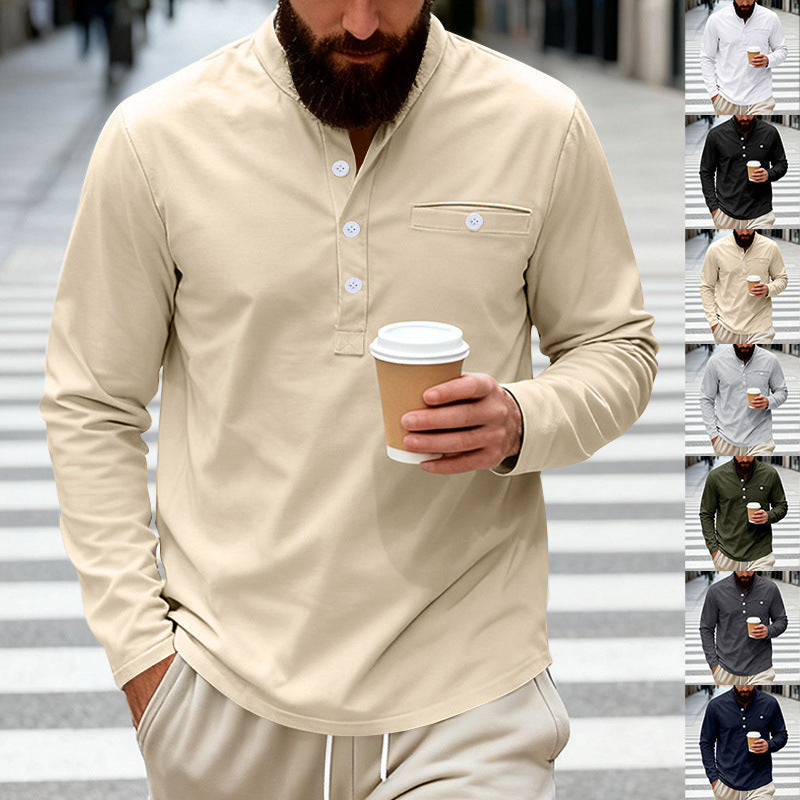 Men's Casual Henley Long Sleeve Shirt with Stand-Up Collar, Chest Pocket, and Curved Hem Mune Fashion