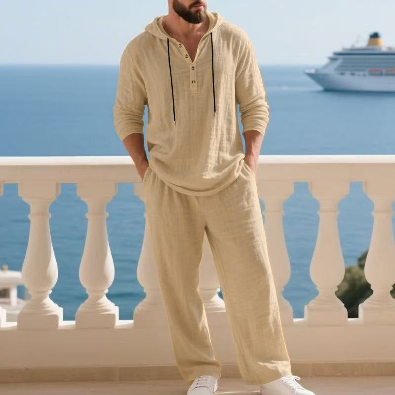 Men's casual linen two-piece set with hooded Henley-style shirt and loose-fitting leisure pants Mune Fashion