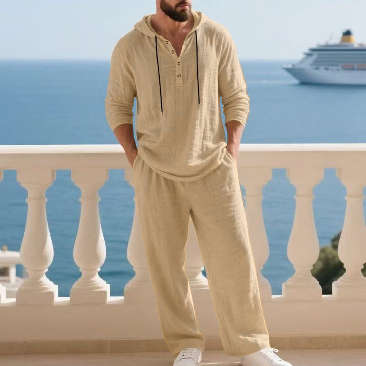 Men's casual linen two-piece set with hooded Henley-style shirt and loose-fitting leisure pants Mune Fashion