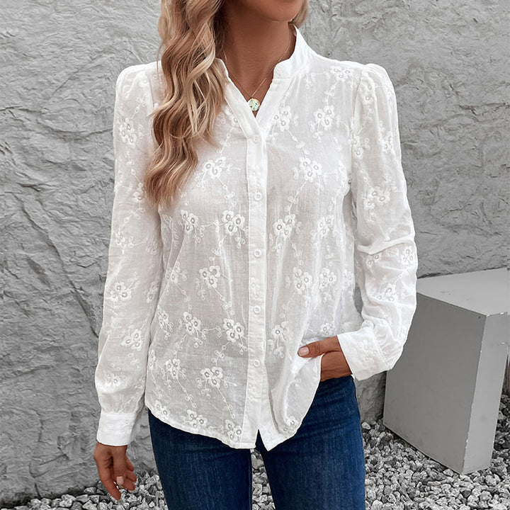 Women's lightweight embroidered voile blouse with stand-up collar and full button placket Mune Fashion