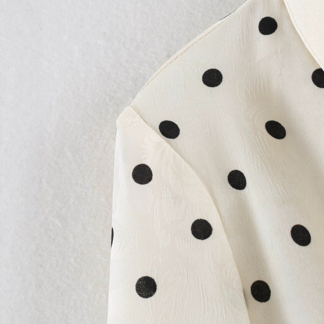 Women Polka Dot Blazer in Linen Look with Lapel Collar and Drawstring