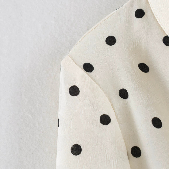 Women Polka Dot Blazer in Linen Look with Lapel Collar and Drawstring