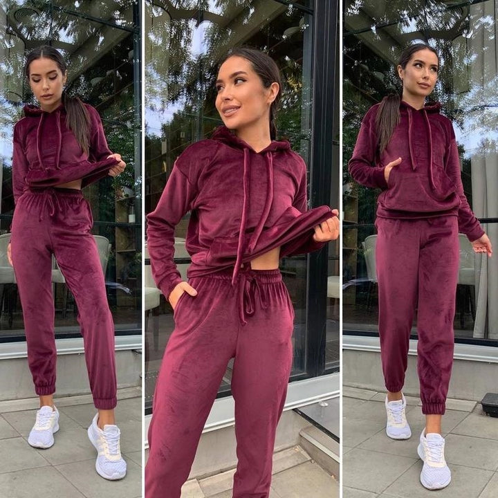 Women's Velvet Loungewear Set with Cropped Hoodie and Drawstring Joggers Mune Fashion