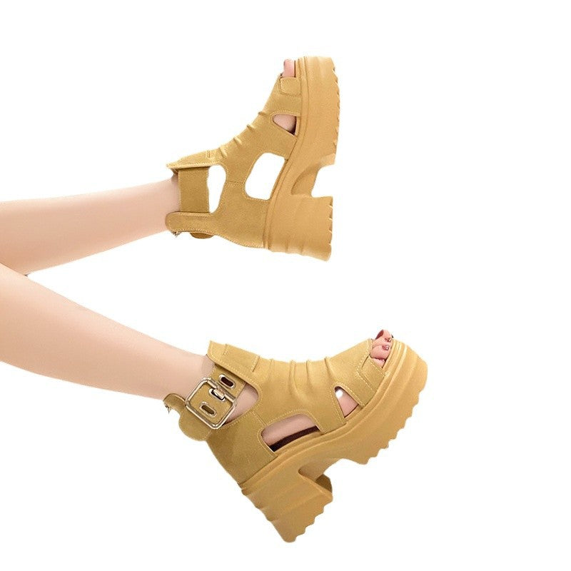 Women's platform sandals-ankle boots with cutouts open toe area and adjustable metal buckle Mune Fashion