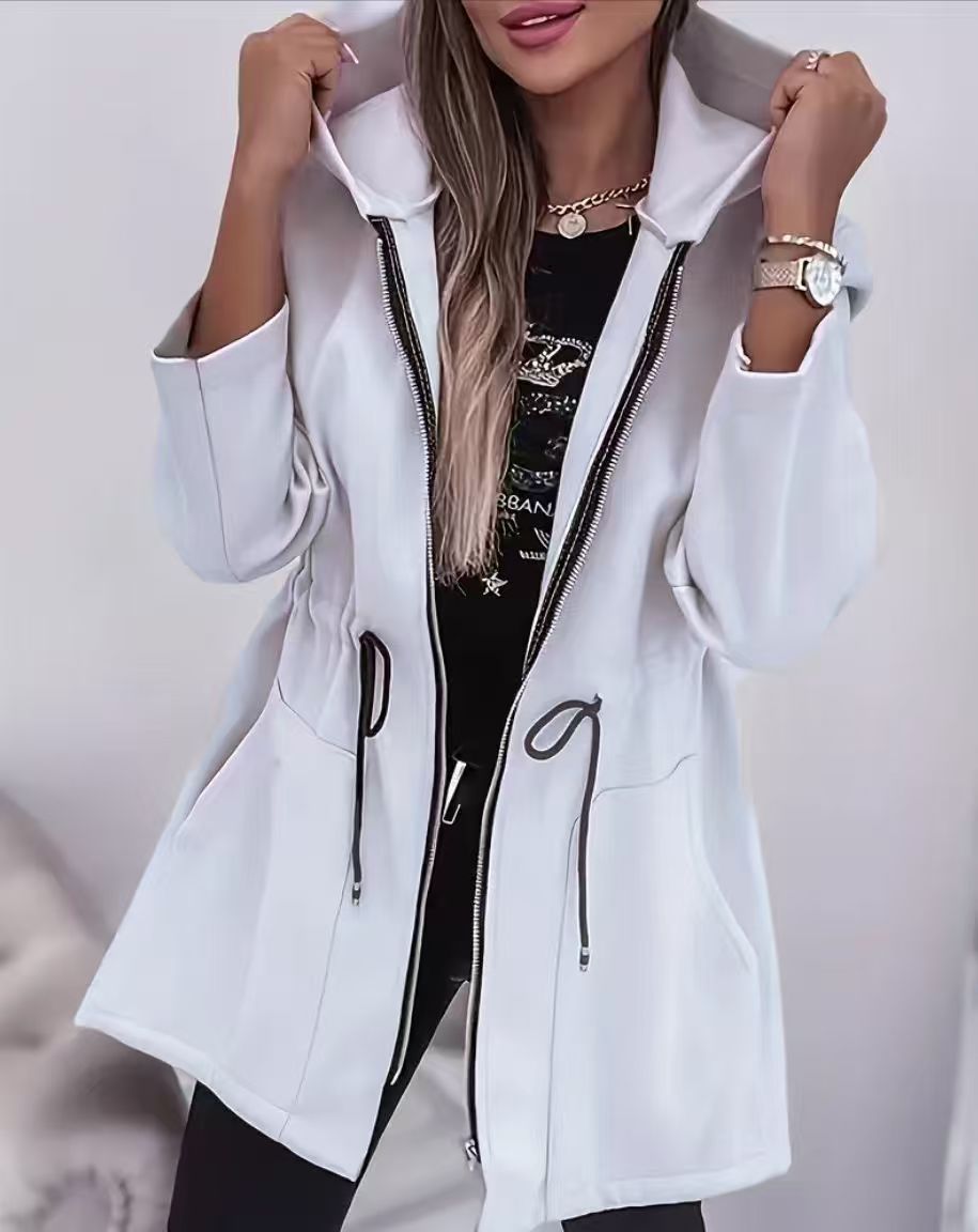 Women’s hooded parka with waist drawstring, two-way zipper, and side pockets Mune Fashion