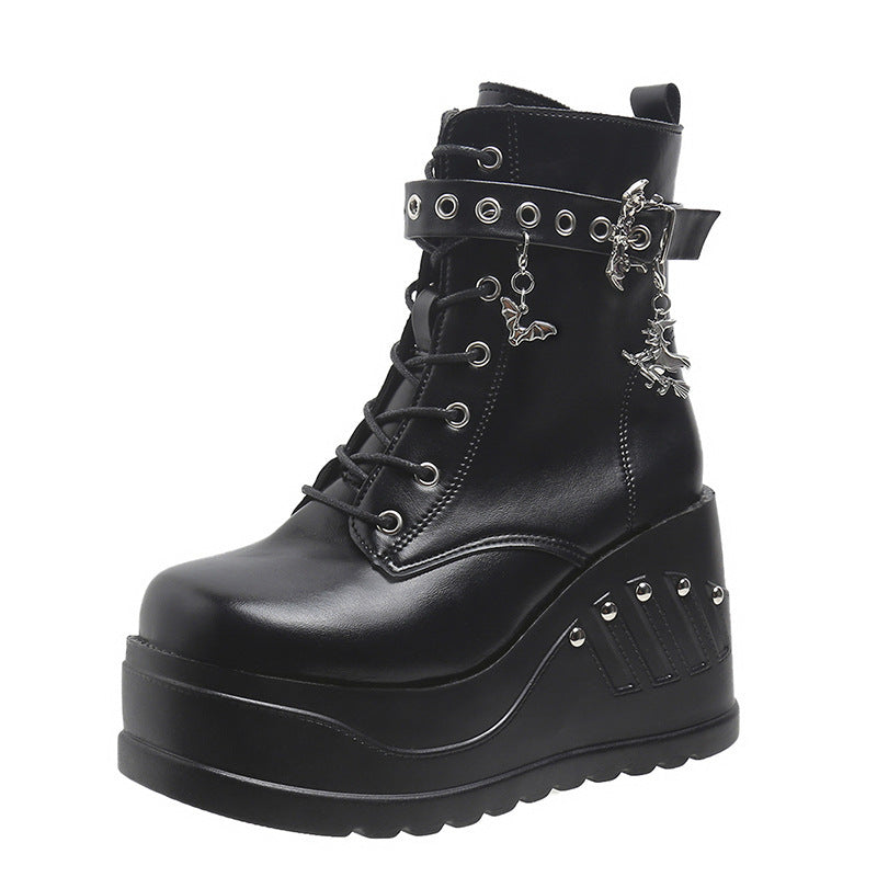 Women's Gothic Platform Ankle Boots with Lacing, Eyelet Straps, and Pendant Details Mune Fashion