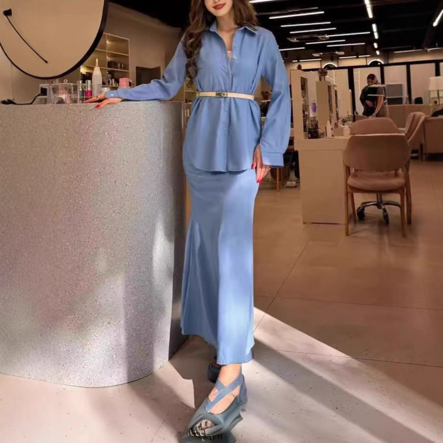 Women Two-Piece Set Tube Maxi Skirt with Flared Hem and Oversize Shirt Mune Fashion