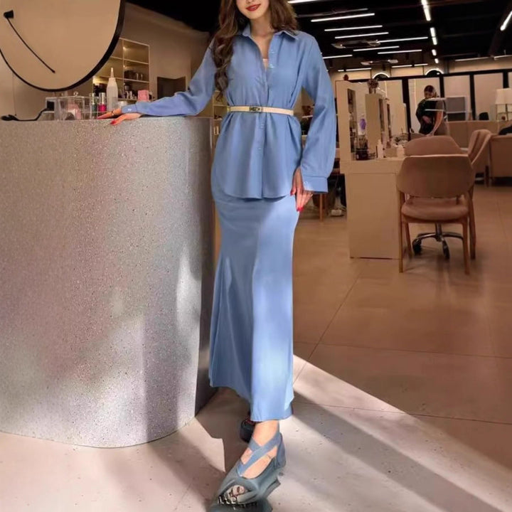 Women Two-Piece Set Tube Maxi Skirt with Flared Hem and Oversize Shirt Mune Fashion
