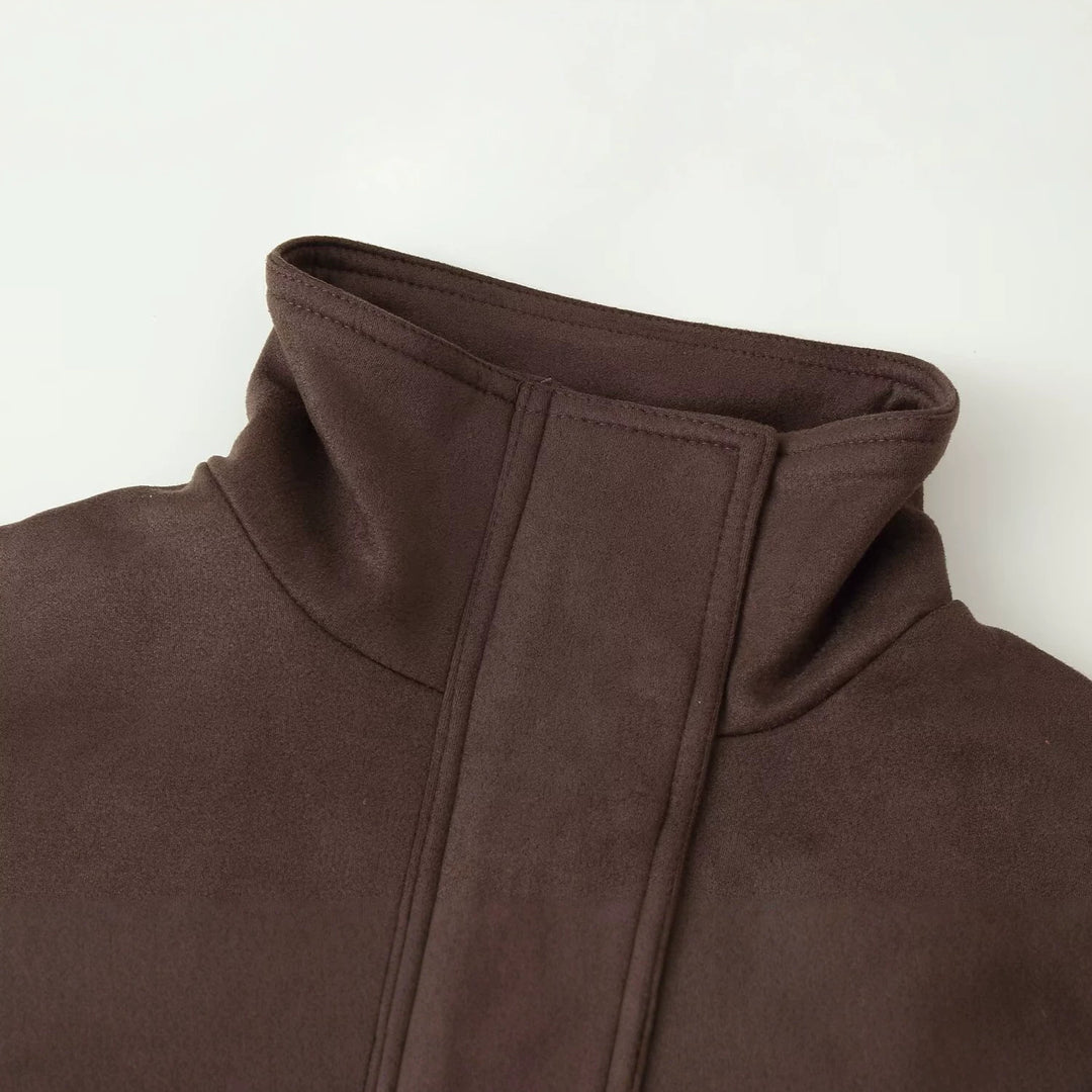 Women's Short Boxy Jacket with Funnel Collar and Concealed Front Mune Fashion