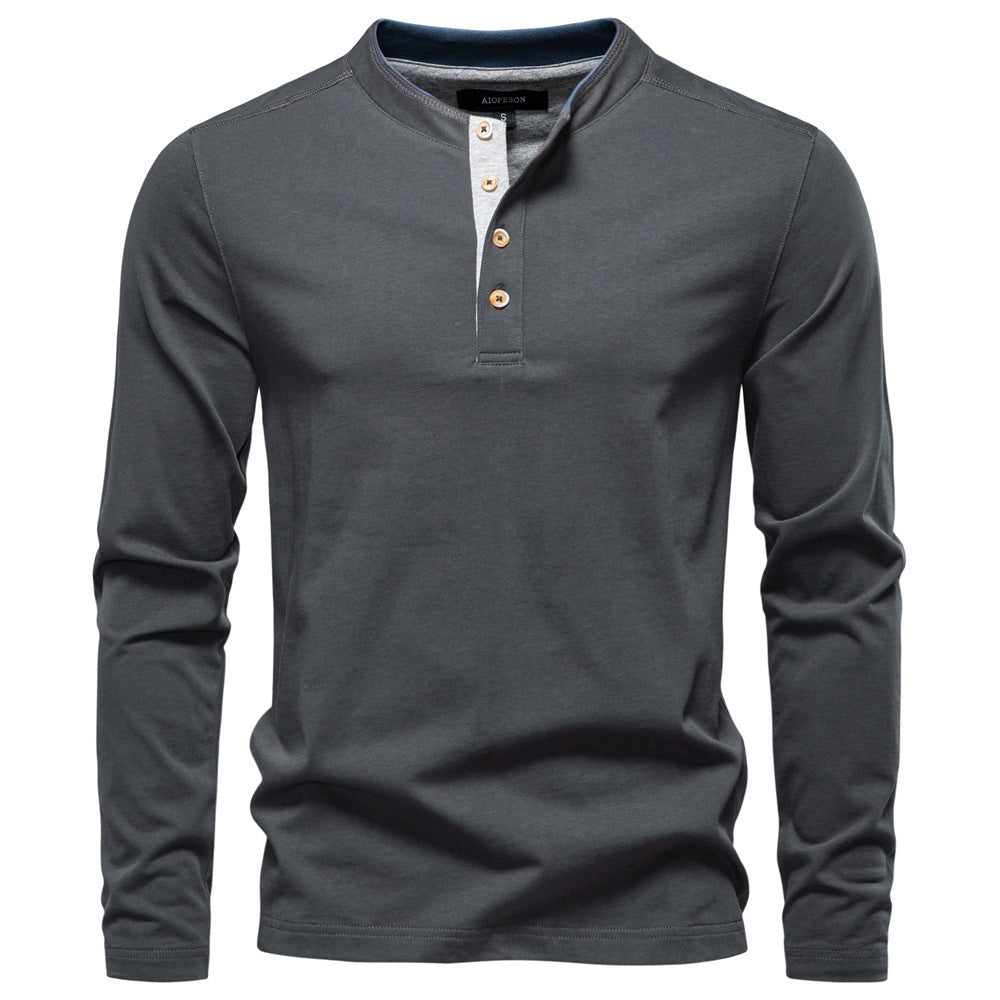 Men's navy cotton long-sleeve shirt with short button placket and stand collar Mune Fashion