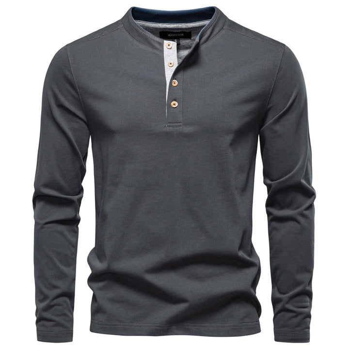 Men's navy cotton long-sleeve shirt with short button placket and stand collar Mune Fashion