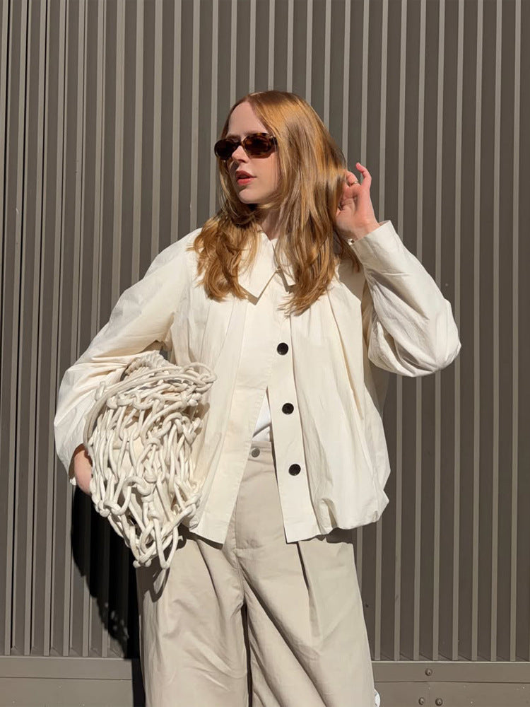 Women's Lightweight Cropped Blouse Jacket with Boxy Silhouette, Oversized Shirt Collar and Balloon Sleeves Mune Fashion