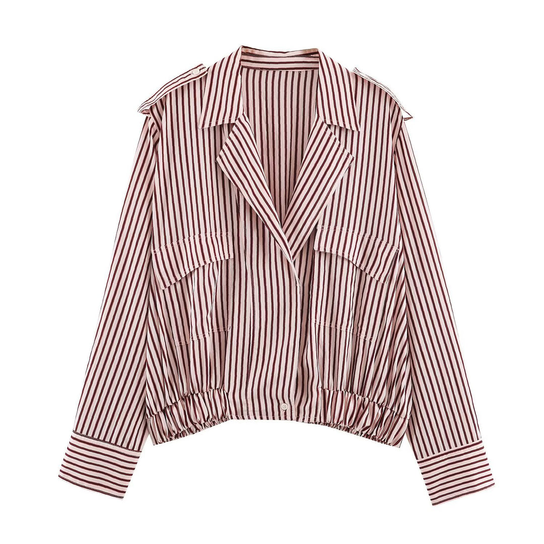 Women's Striped Cropped Blouson Jacket with Notched Collar, Flap Pockets and Elastic Hem Drune