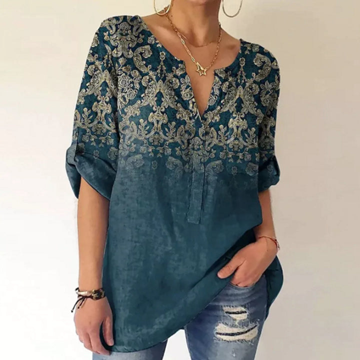 Women's V-neck tunic in linen look with ornamental border print, rolled-up sleeves, and rounded hem Mune Fashion