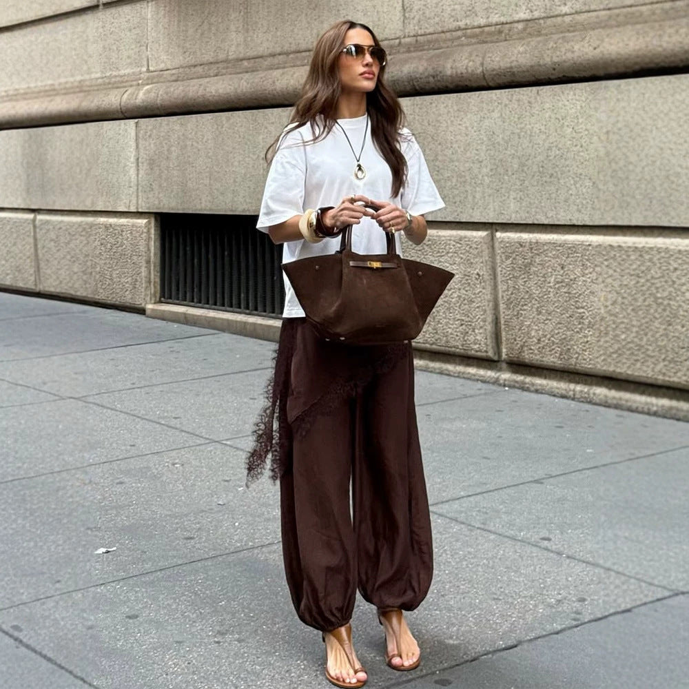 Women's Wide Harem Pants with Elastic Waistband, Gathered Ankles & Lace Applique Mune Fashion