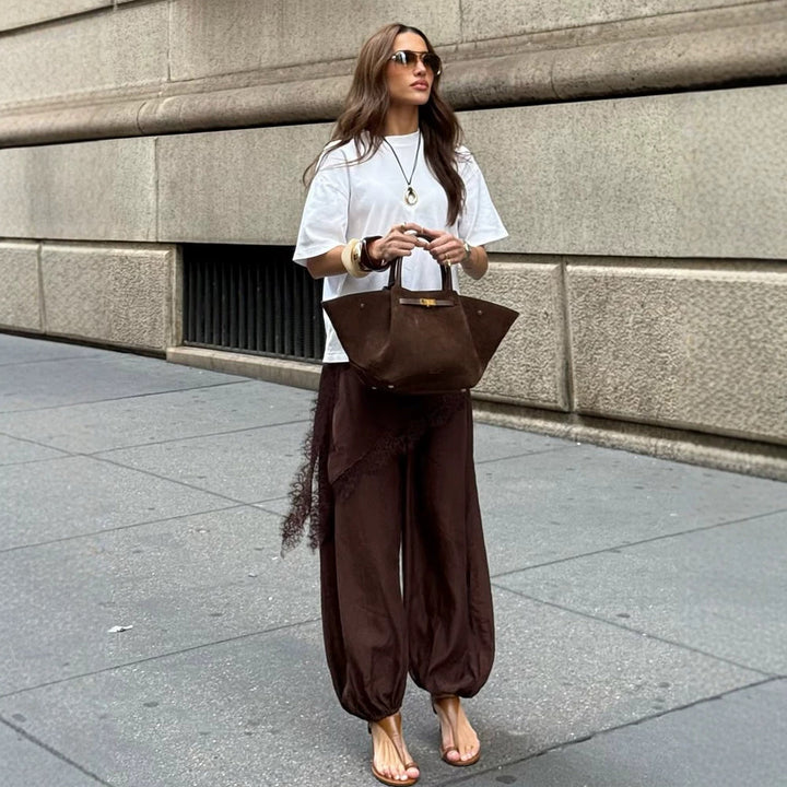 Women's Wide Harem Pants with Elastic Waistband, Gathered Ankles & Lace Applique Mune Fashion