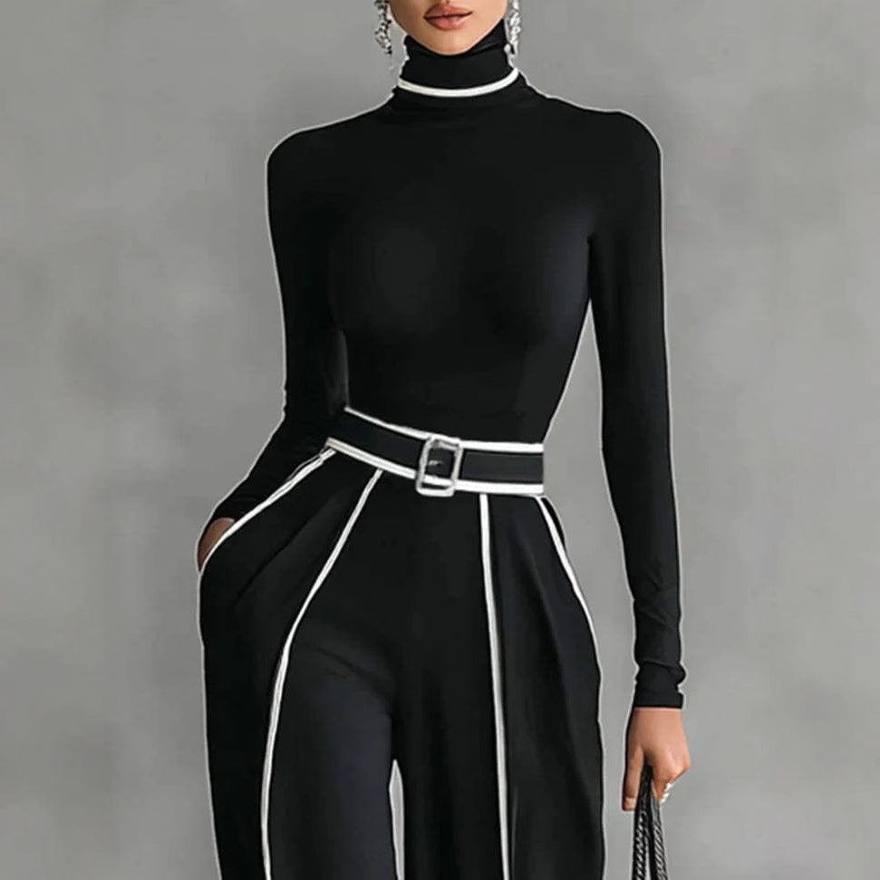 Women's Two-Piece Ensemble consisting of a form-fitting turtleneck bodysuit and wide-cut high-waisted trousers with belt Mune Fashion