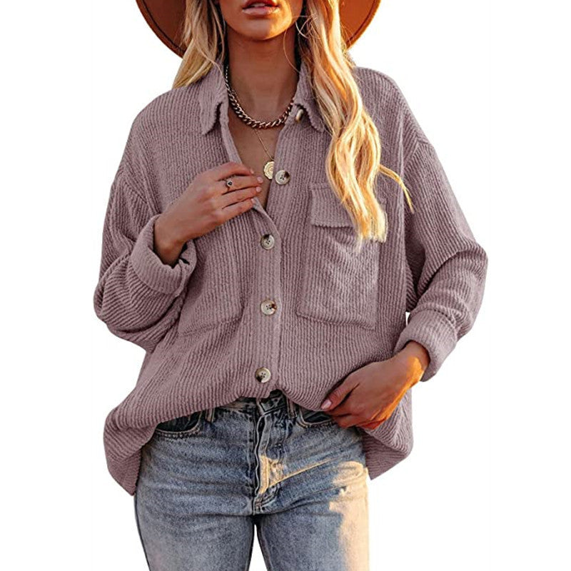 Women's casual knitted shacket with cord structure shirt collar and patch chest pockets Mune Fashion