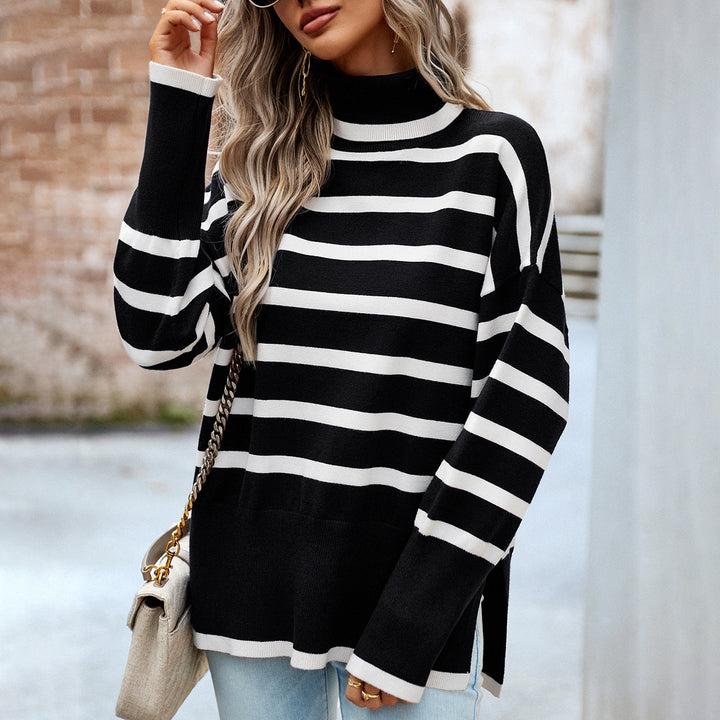 Women's Oversize Turtleneck Sweater with Stripes, Loose Fit and Side Slits Mune Fashion
