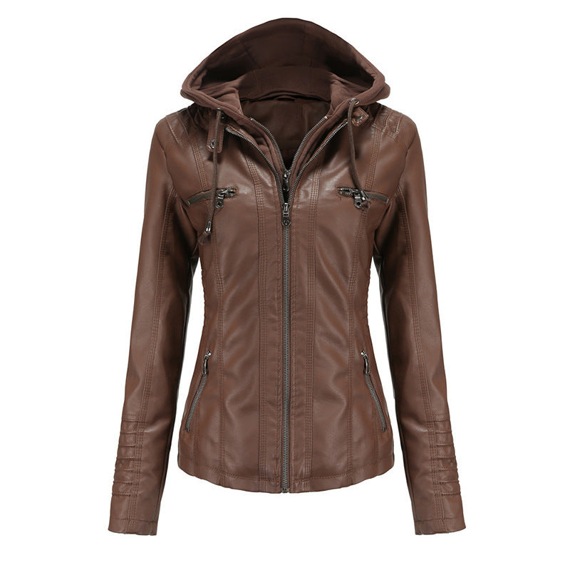 Women Tailored Faux Leather Jacket with Removable Hood and Zipper Mune Fashion