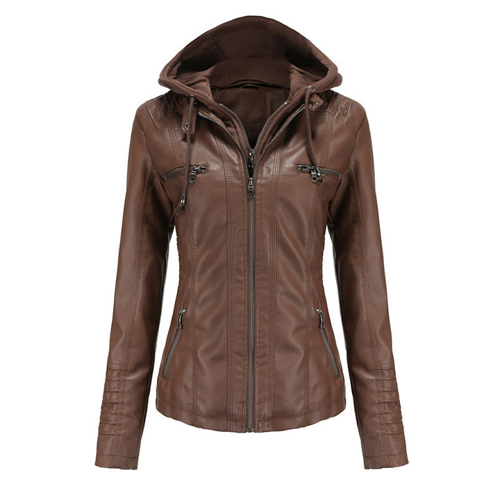 Women Tailored Faux Leather Jacket with Removable Hood and Zipper Mune Fashion